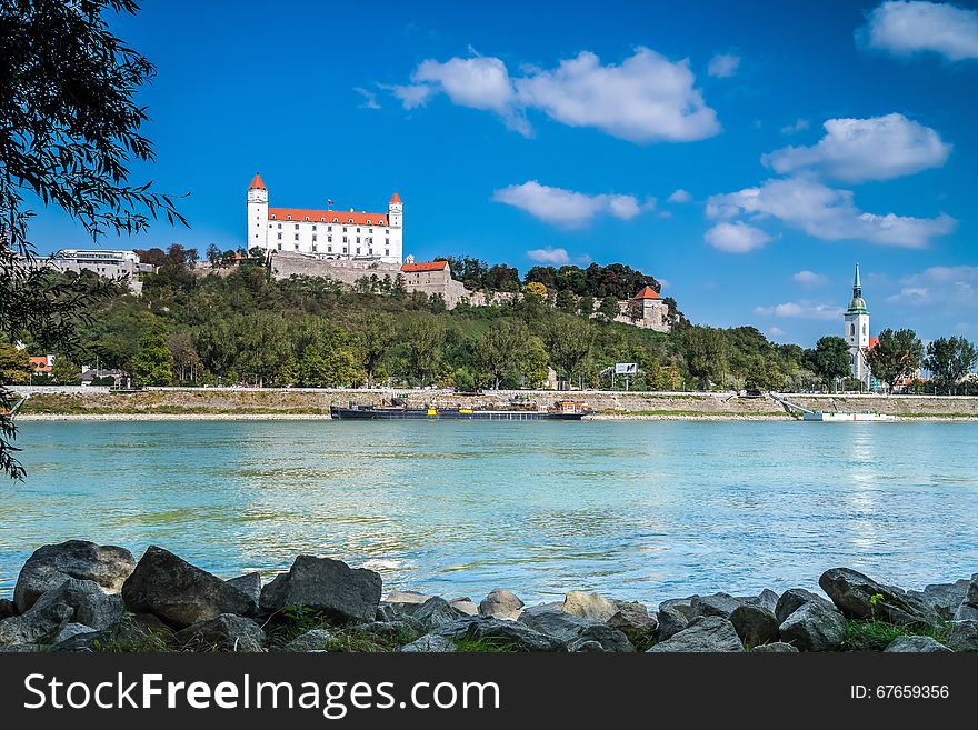 View of the Bratislava castle above the Danube river