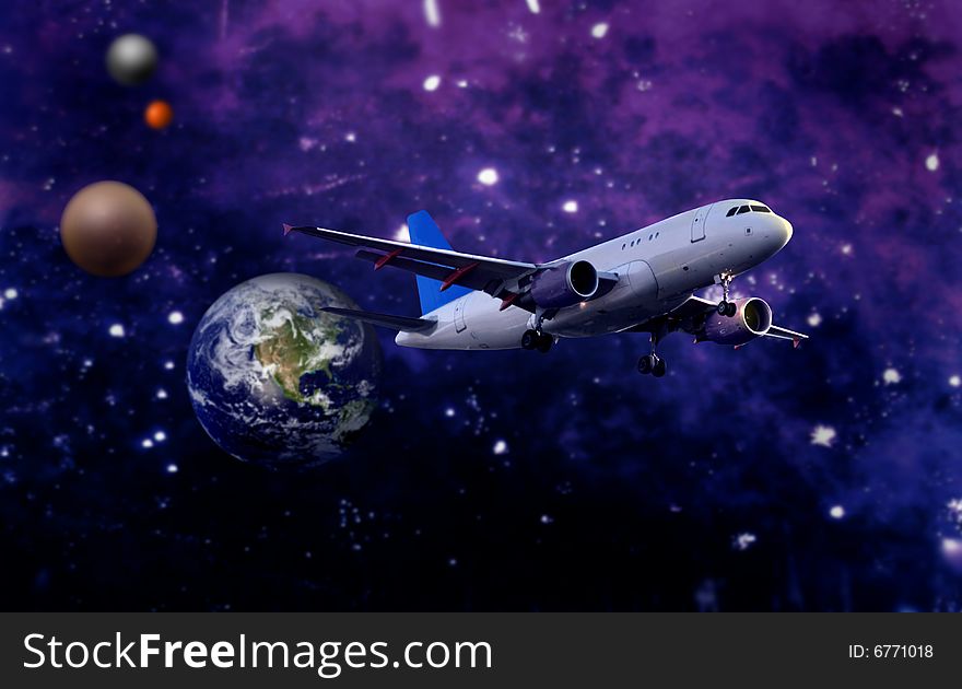 Airplane and a earth space view. Airplane and a earth space view