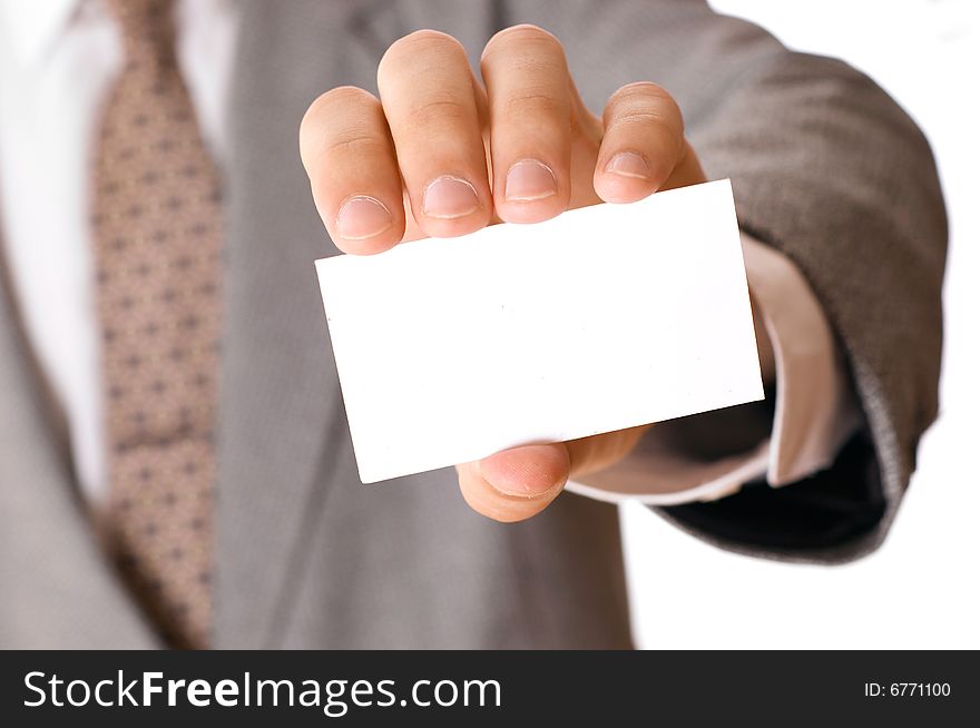 Businessman holding visiting card with space for text