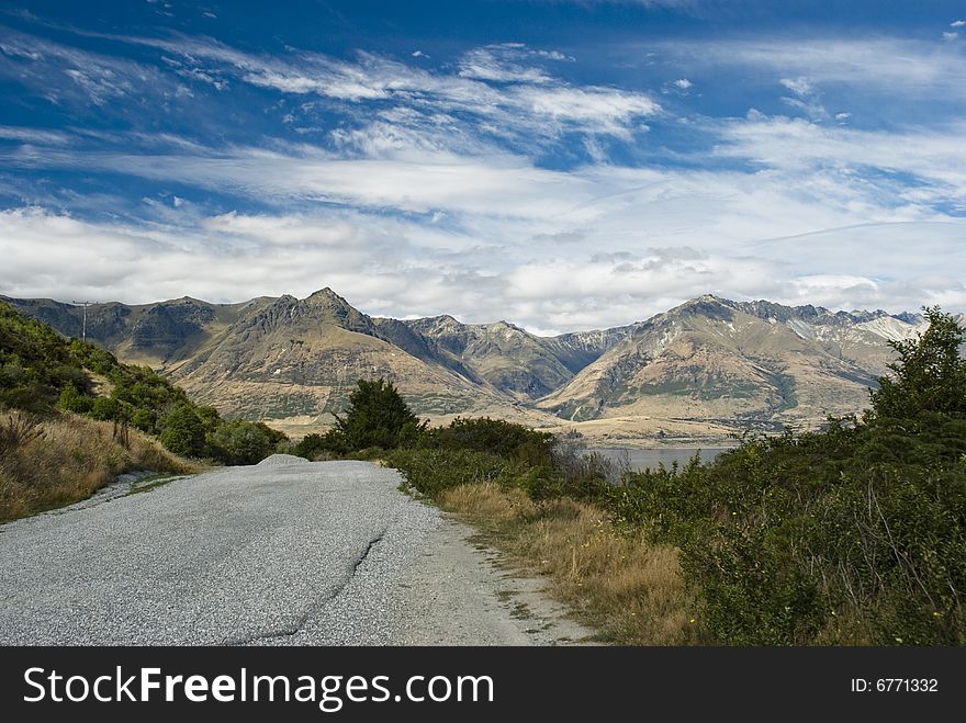 Road to Glenorchy near Queenstown, South Island, New Zealand, with view on Southern Alps. Road to Glenorchy near Queenstown, South Island, New Zealand, with view on Southern Alps