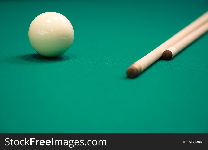 Billiard set on green table . Focus point on a ball