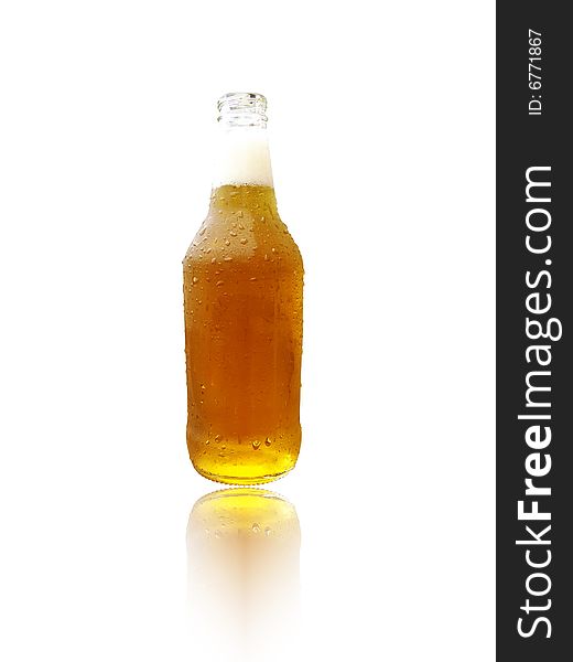 Opened cold beer bottle on white
