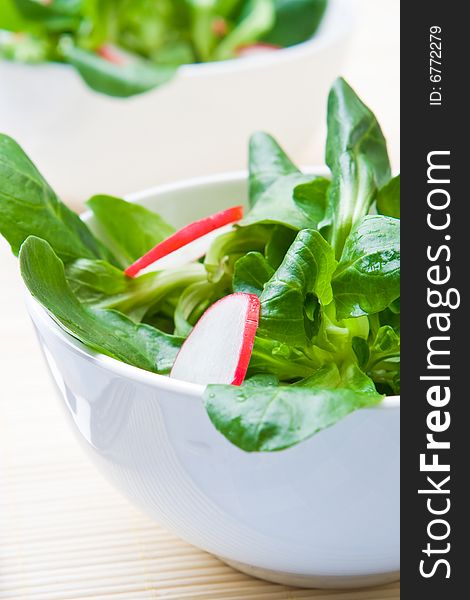 Dishes of fresh field salad and slices of radish