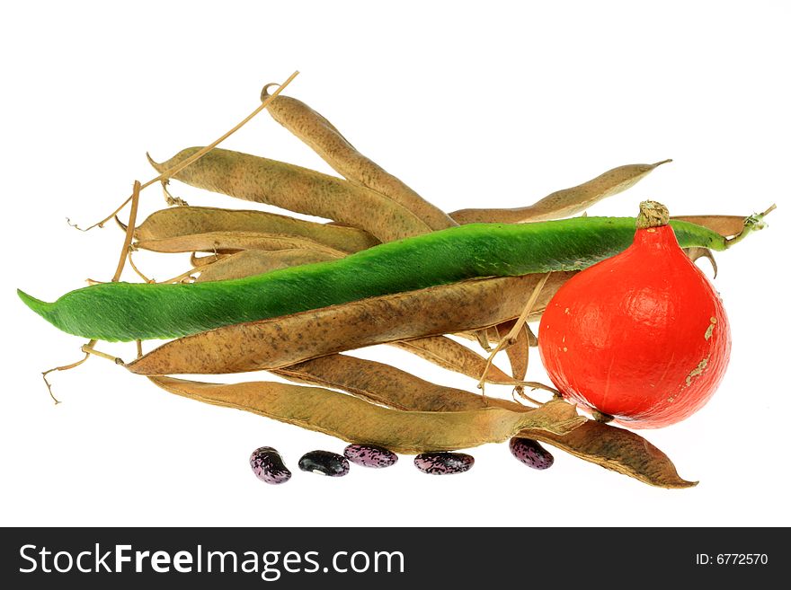 Green bean and pumpkin isolated on a white background. Green bean and pumpkin isolated on a white background.