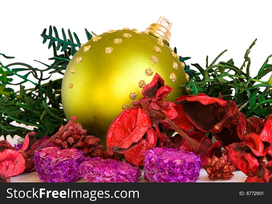 Colored christmas decoration from toy and dry flowers