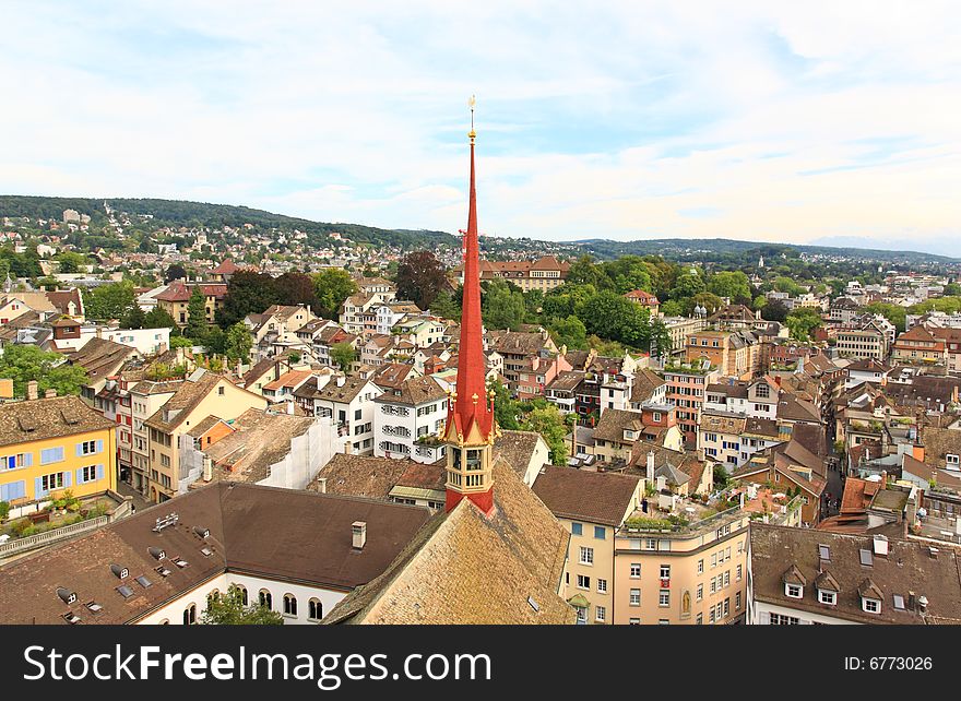 The aerial view of Zurich cityscape from the tower of famous Grossmunster Cathedral