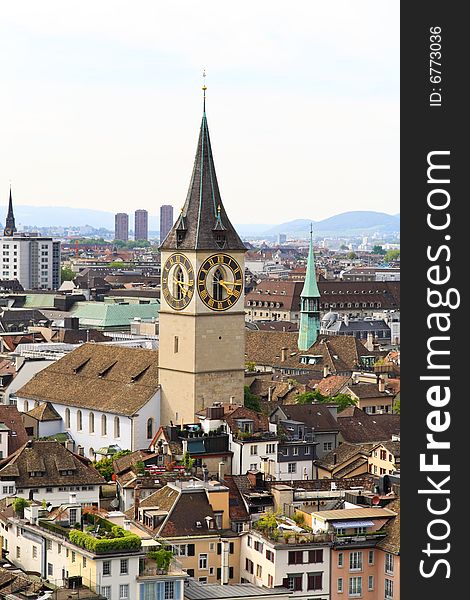 The aerial view of Zurich cityscape from the tower of famous Grossmunster Cathedral