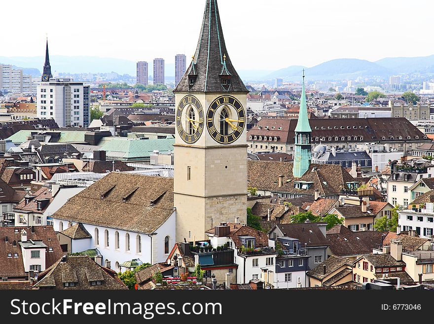 The aerial view of Zurich cityscape from the tower of famous Grossmunster Cathedral