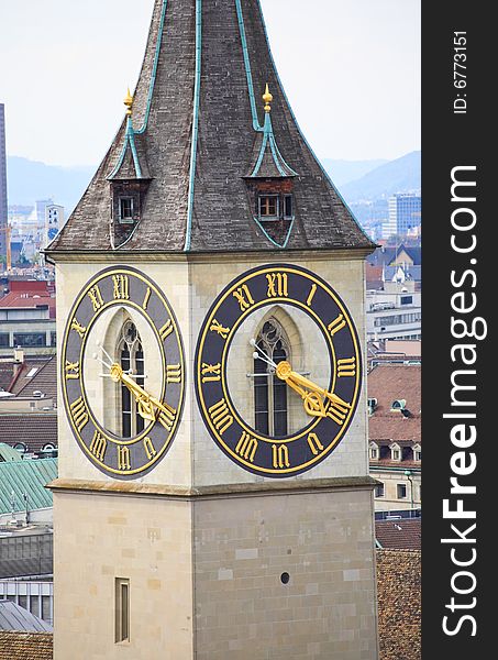 The aerial view of Zurich cityscape from the tower of famous Grossmunster Cathedral