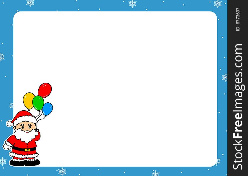 Beautiful blue winter web site background with a cute Santa Claus with colorful balloond in his hand in snow for christmas web sites and greetings. Beautiful blue winter web site background with a cute Santa Claus with colorful balloond in his hand in snow for christmas web sites and greetings