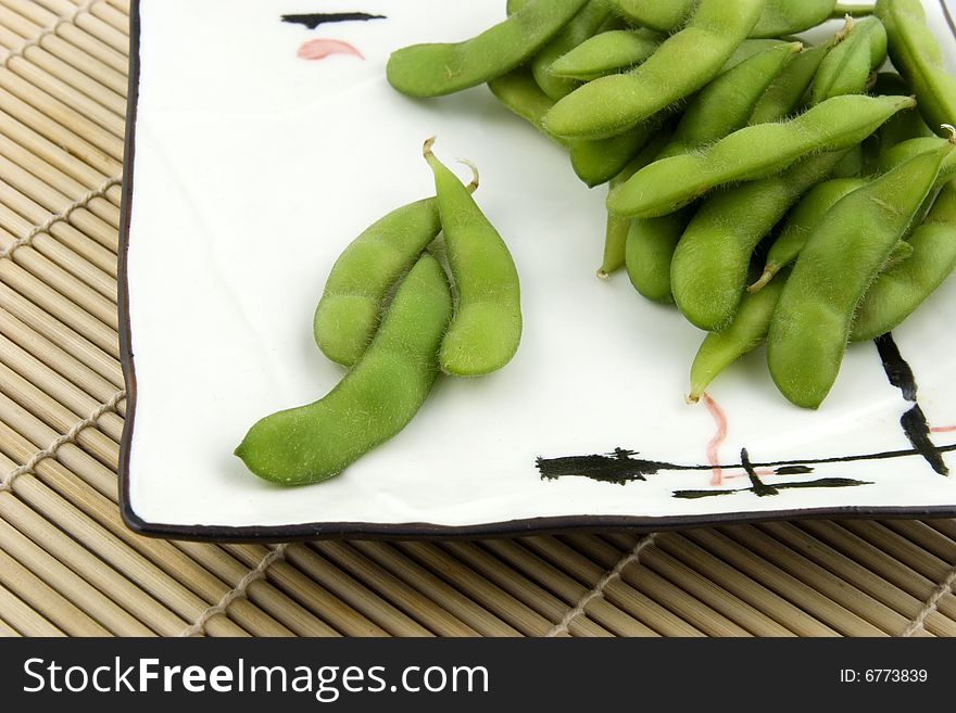 Fresh edamame on white plate