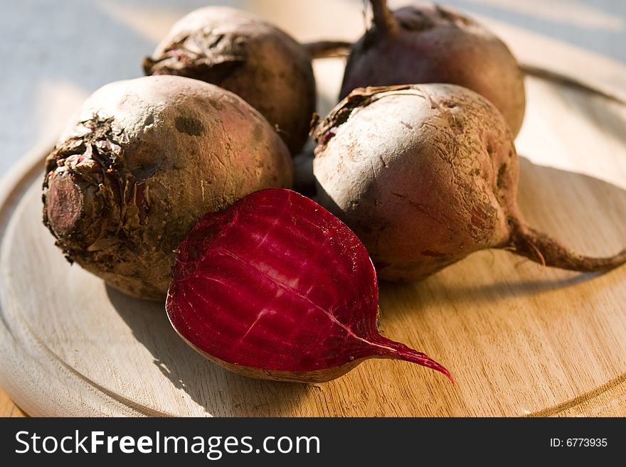 Food series: red beet on the wooden board