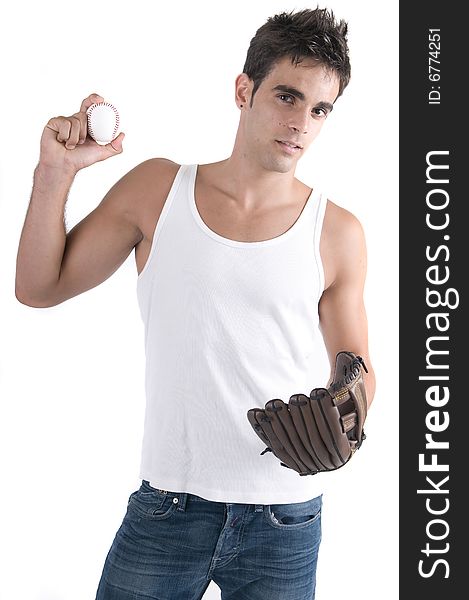 Baseball player isolated in white with ball and gl