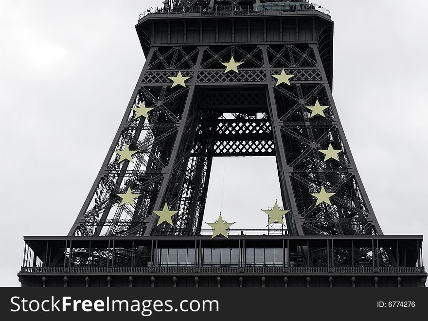 EU stars celebrating the French presidency of the EU in 2008.
Part of Eiffel Tower in Paris, France. EU stars celebrating the French presidency of the EU in 2008.
Part of Eiffel Tower in Paris, France