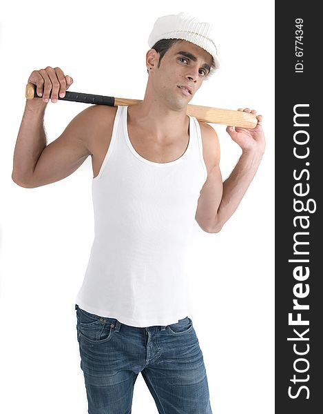 Baseball player with batter isolated in white