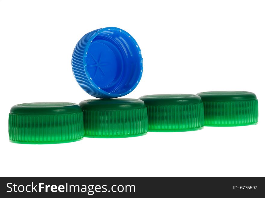 Green, blue PET bottle caps. Green, blue PET bottle caps