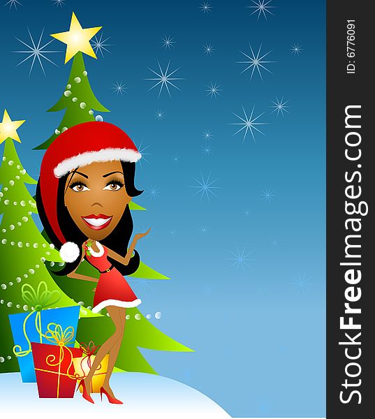 An illustration featuring an african american woman wearing a festive little red dress standing in front of green tree and blue colored background with presents. An illustration featuring an african american woman wearing a festive little red dress standing in front of green tree and blue colored background with presents