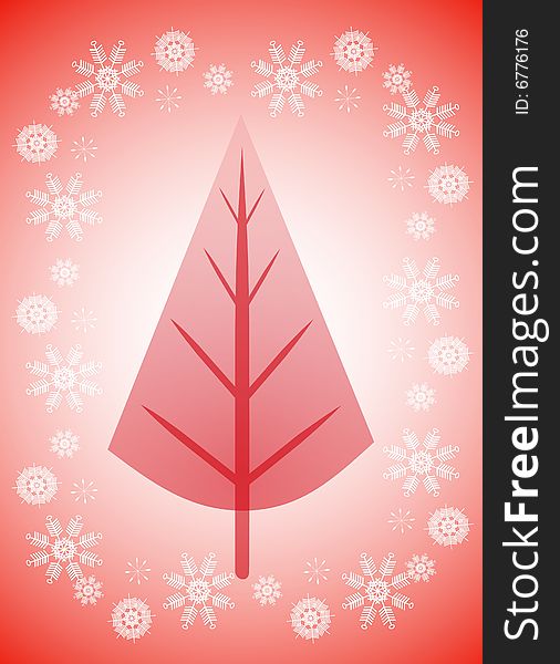 A background illustration featuring a red background with white snowflakes and tree in the middle. A background illustration featuring a red background with white snowflakes and tree in the middle