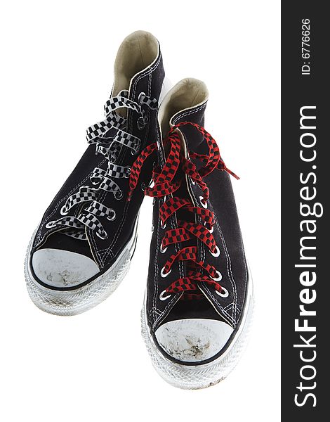 Freaky shoes with a red and white shoelace