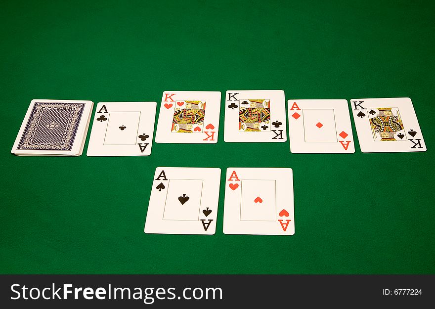Good card on winning hand in poker at casino on green table. Good card on winning hand in poker at casino on green table