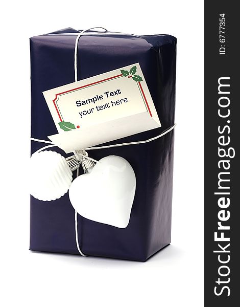 Dark blue present box with white ribbon isolated on white background. Dark blue present box with white ribbon isolated on white background