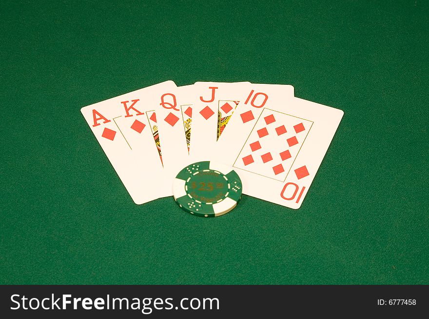 Royal flush on the green casino table. Royal flush on the green casino table