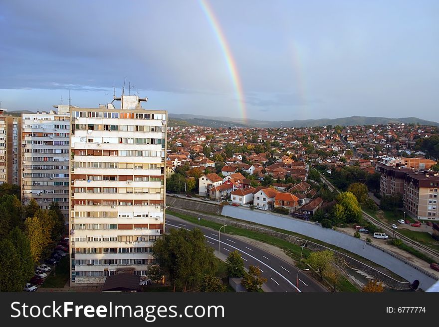 Panoramic view of rainbow in top  of Kragujevac city, Republic of Serbia. Panoramic view of rainbow in top  of Kragujevac city, Republic of Serbia