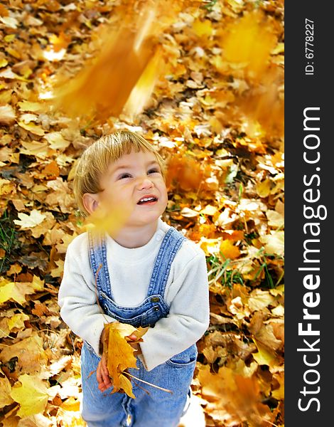 Young boy with autumn leaves in hands