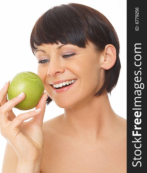 Portrait of beautiful woman with green apple on white. Portrait of beautiful woman with green apple on white