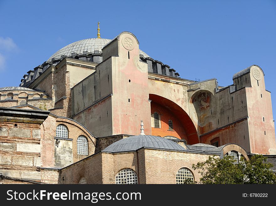 Hagia Sophia is a former patriarchal basilica, later a mosque, now a museum in Istanbul, Turkey. Famous in particular for its massive dome, it is considered the epitome of Byzantine architecture.