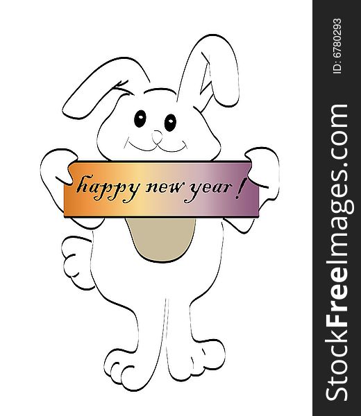 A board with 'happy new year' on a rabbit`s hand