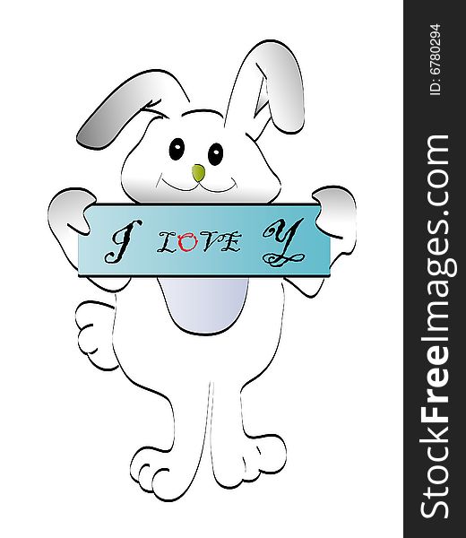 A board with i love you' on a rabbit`s hand