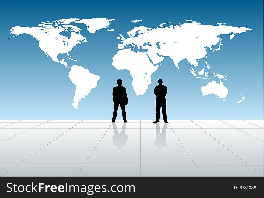 2 silhouettes of businessmen with world map.