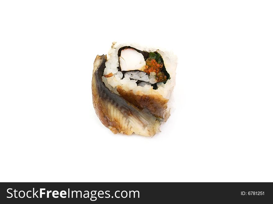 Sushi roll with rice, shrimp, salmon, tuna, caviar, cucumber and fish is isolated on white background