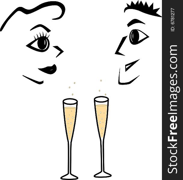 Simple and broadline faces of a couple celebrating over glasses of bubbling champagne. Vector available. Simple and broadline faces of a couple celebrating over glasses of bubbling champagne. Vector available.