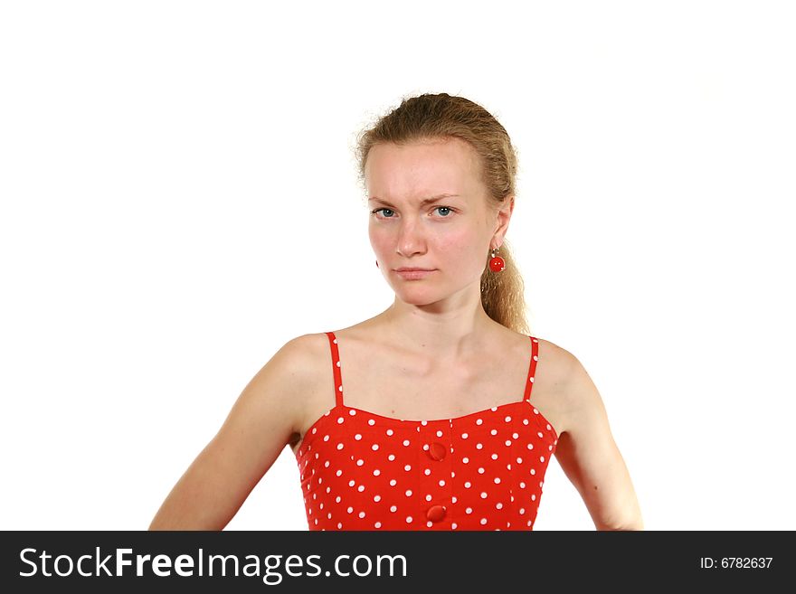Girl in red dress on white background