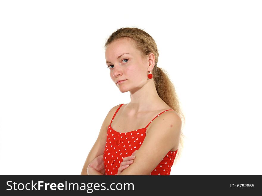 Girl in red dress on white background