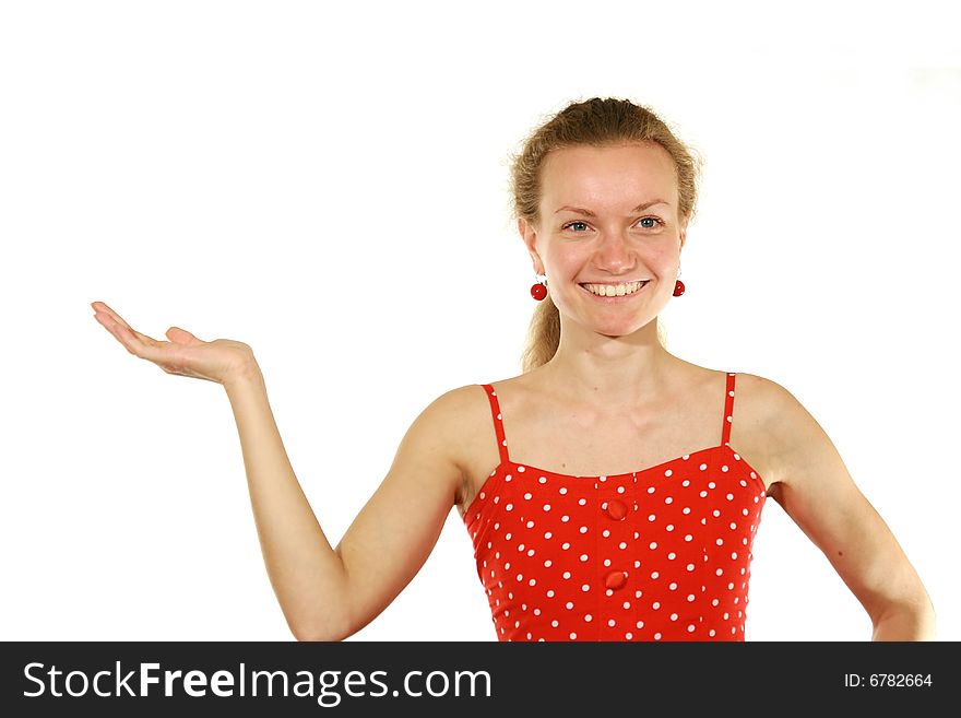 Girl in red dress on white background