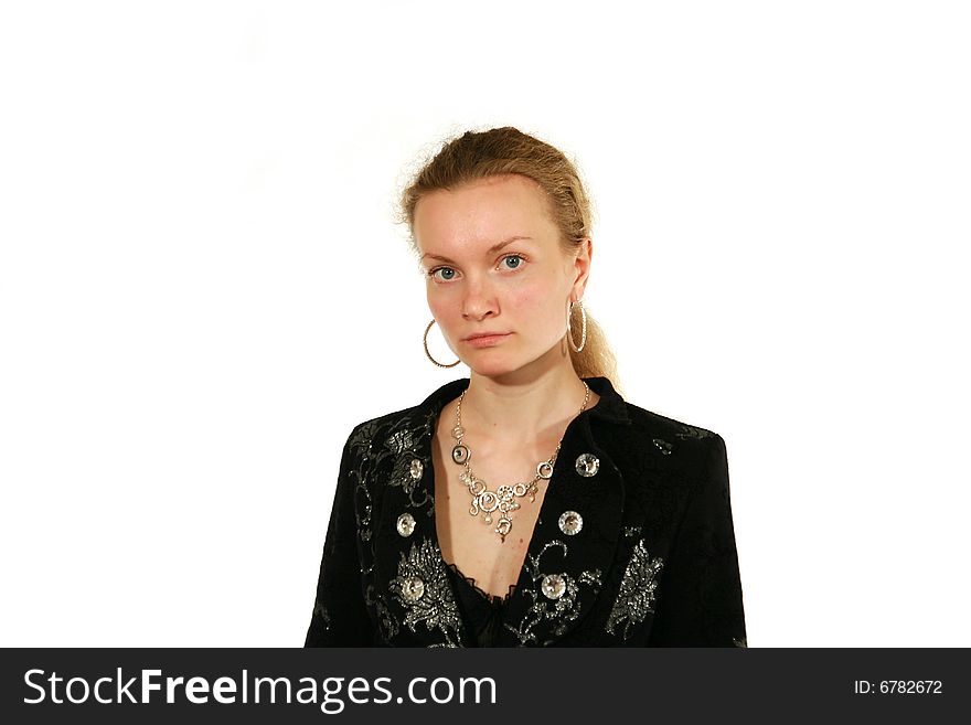 Girl in black suit on white background