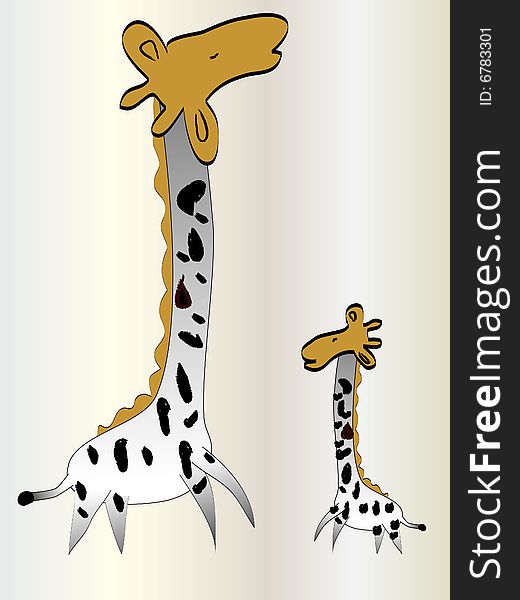 A mom giraffe and her baby isolated on gray background. A mom giraffe and her baby isolated on gray background