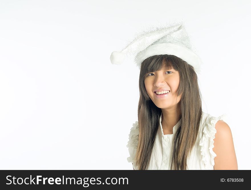 Tall girl in silvery christmas hat ready to party