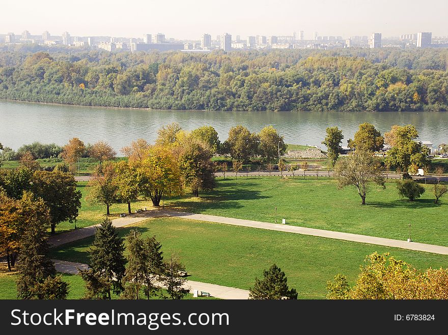 General urban view of Danube in autumn colors in Belgrade. General urban view of Danube in autumn colors in Belgrade