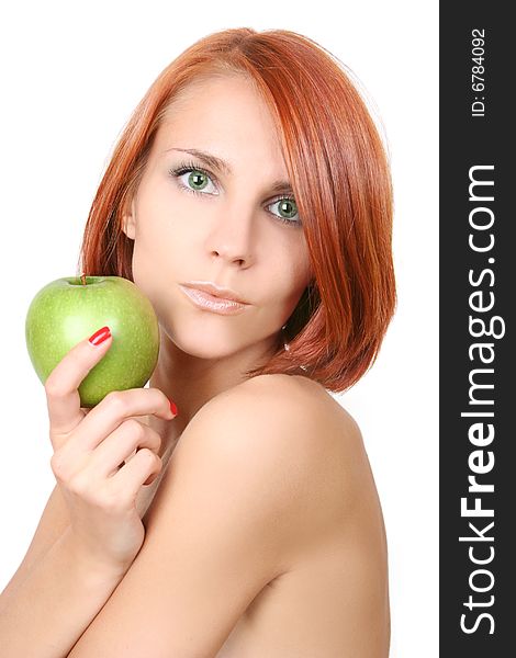 Healthy young girl with hresh green apple. Healthy young girl with hresh green apple