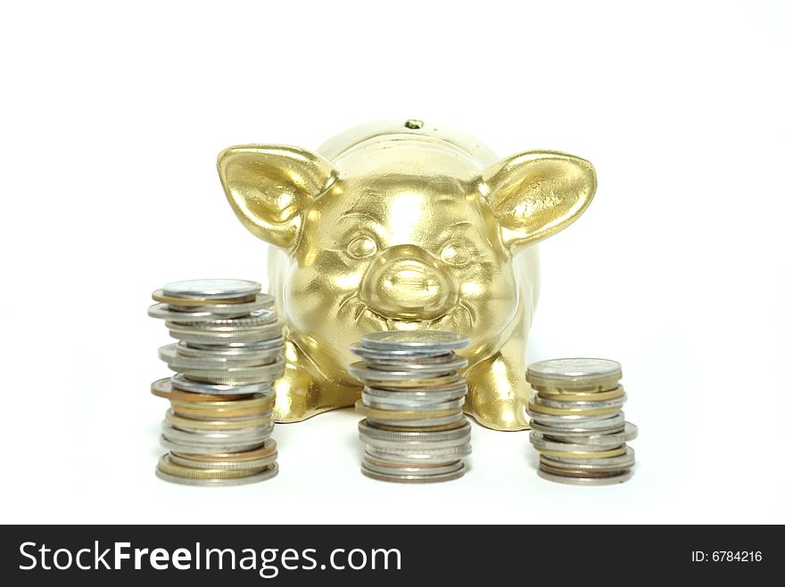 Piggy bank  isolated on white background with coins