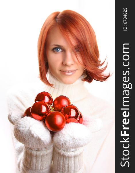 Cute young girl with christmas balls. Cute young girl with christmas balls