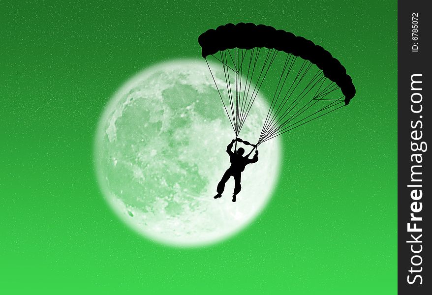 Parachutist in silhouette against a brilliant moon. Parachutist in silhouette against a brilliant moon