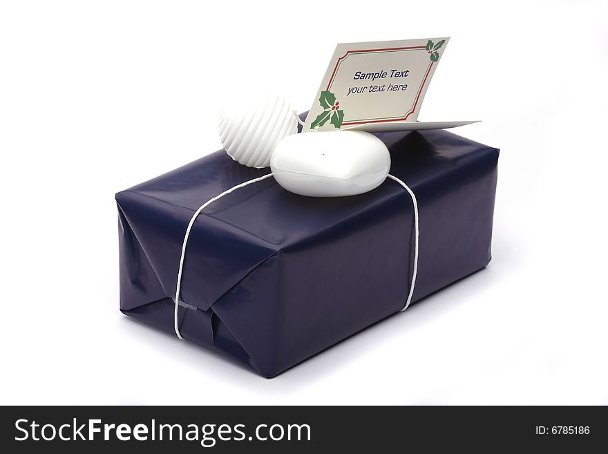 Dark blue present box with white ribbon isolated on white background. Dark blue present box with white ribbon isolated on white background