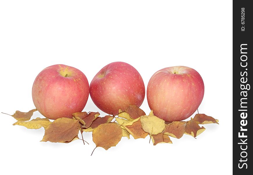 Apples and autumn leaves on a white background