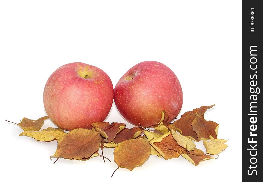 Apples and autumn leaves on a white background