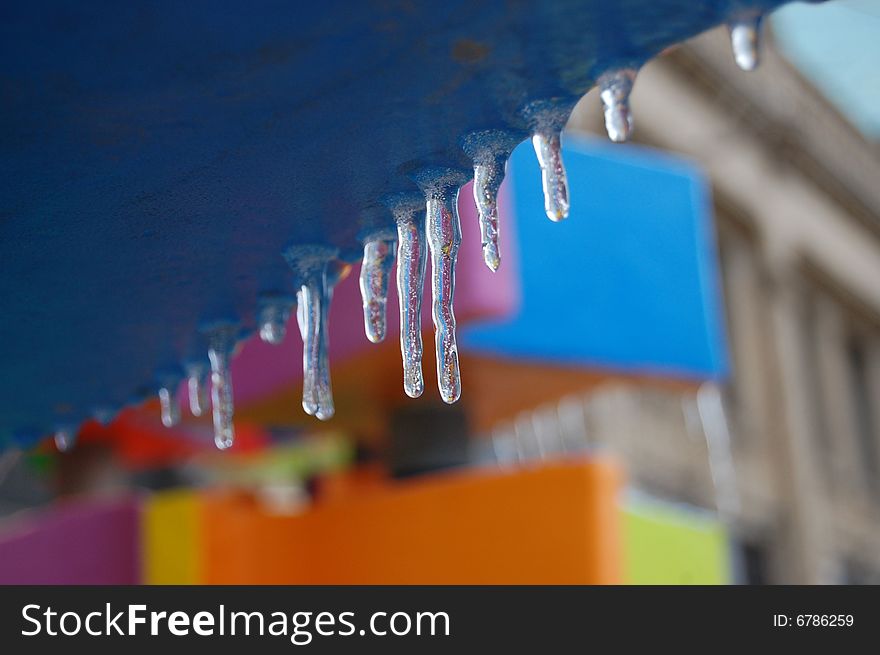 Closeup of hanging icicles from ceiling